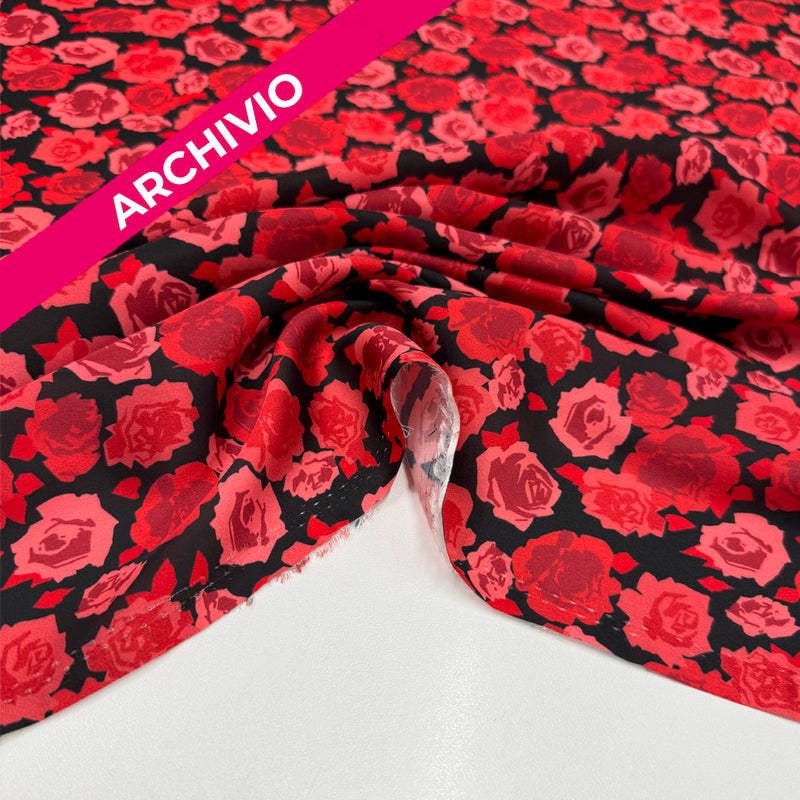 Archivio - Tissu Remisé Satin - Noir Floral rouge