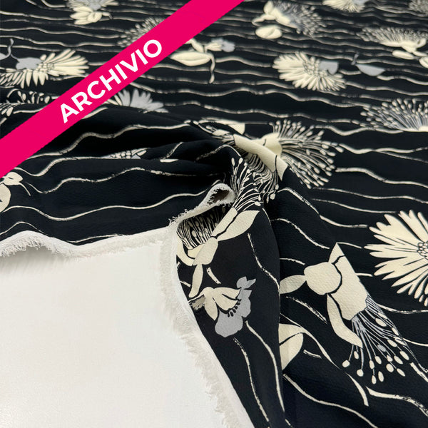 Archivio - Tissu Remisé Crêpe - Noir, Blanc Floral