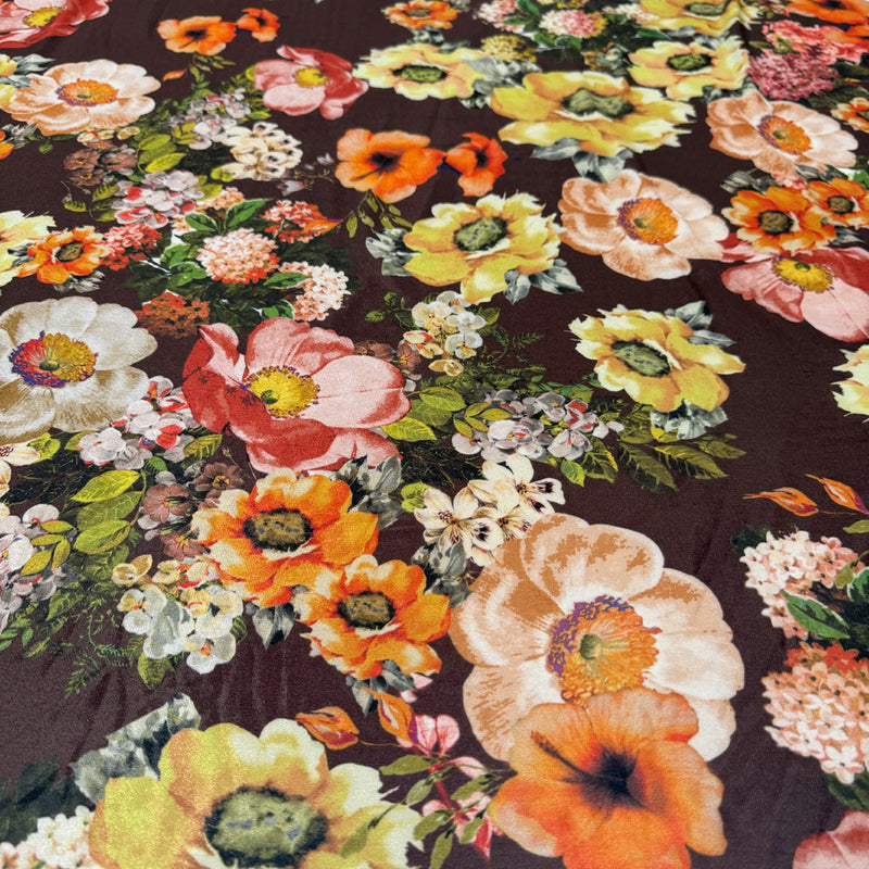 Tissu Velours Stretch - Floral Chocolat, Vanessa